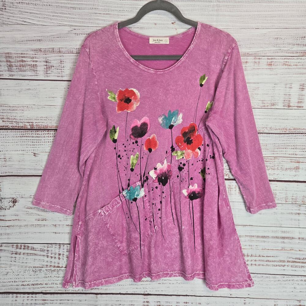 Jess & Jane Artsy Pink Floral Tunic Top L Side Slit Boho Festival Lagenlook USA